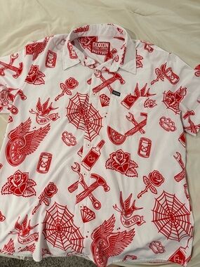 DIXXON White Short Sleeve Button-Down with Red Tattoo Print
